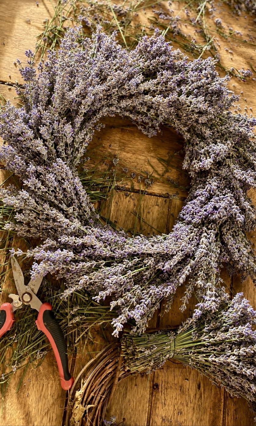 Lavender wreath being made