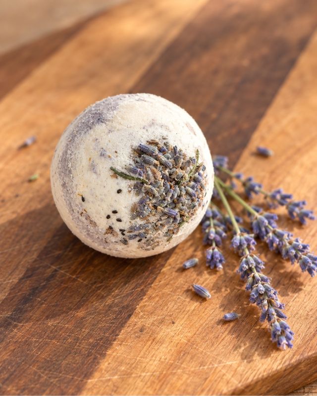 Lavender bath bomb with dried lavender buds