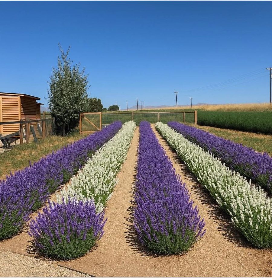 Rows of purple and white lavender in the field